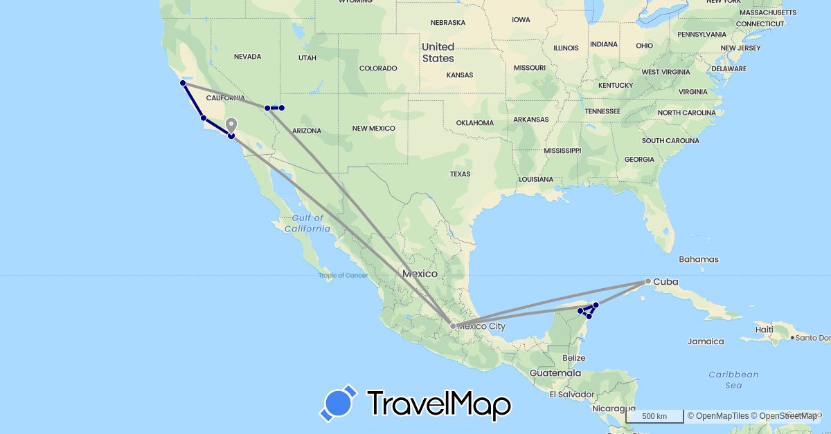 TravelMap itinerary: driving, plane in Cuba, Mexico, United States (North America)